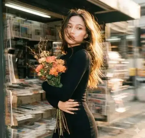 Retro film-like dynamic blurred portrait of a girl holding a flower