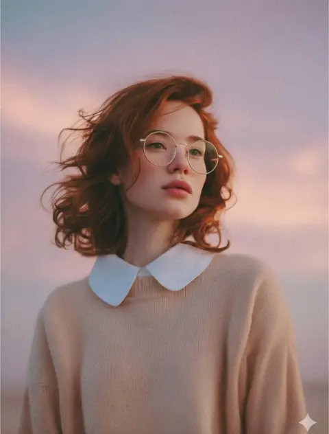 Retro film-like literary girl under soft light at dusk