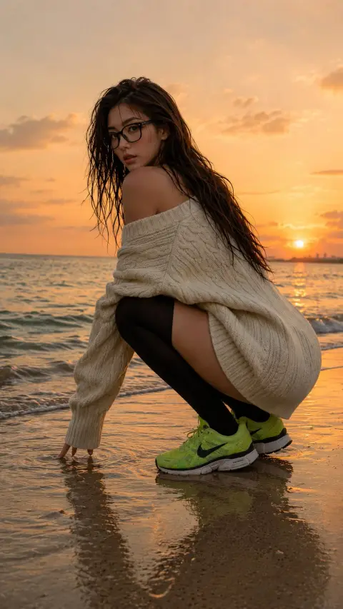 Retro film-like Japanese and Korean model beach sunset portrait
