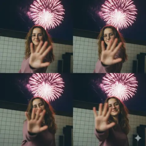 Retro film-like four-frame collage of girls under the night sky with fireworks