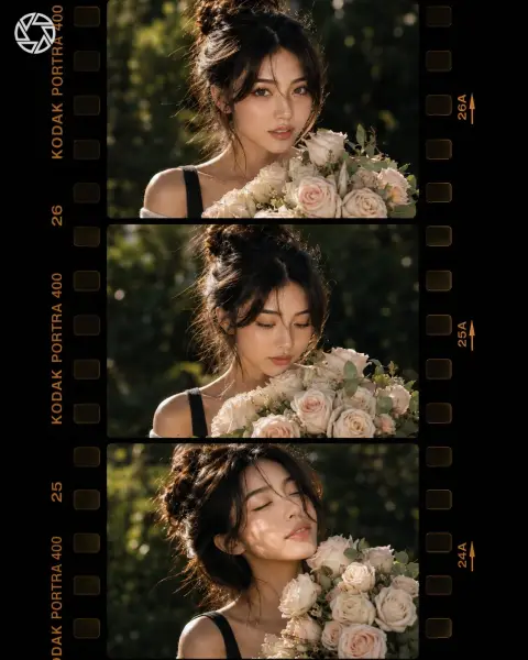 Retro film row of women holding flowers outdoors
