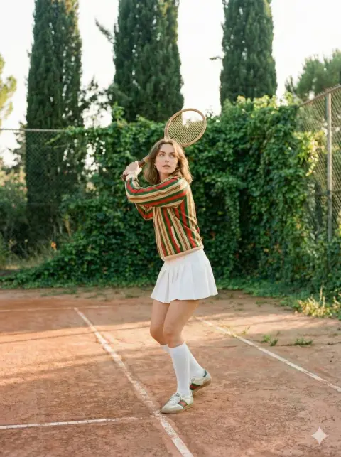 Retro film style: lazy stretching tennis girl and the afterglow of summer