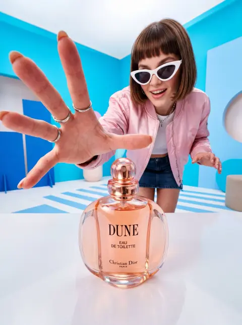 Retro futuristic perfume blockbuster commercial photography