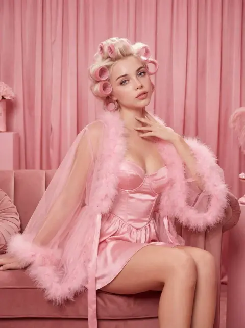 Retro Hollywood beauty in dreamy pink boudoir