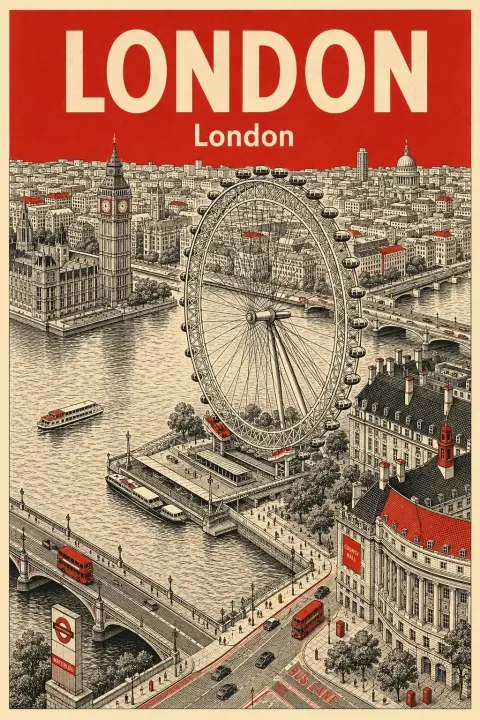 Retro London travel poster aerial view of cityscape