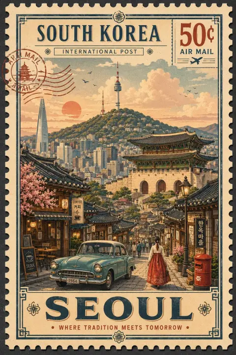 Retro nostalgic stamp style travel illustration prompt word