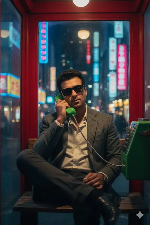 Retro phone booth male silhouette in neon night