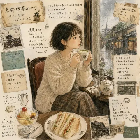 Retro photos and illustrations of Japanese women in Kyoto cafe in the rain
