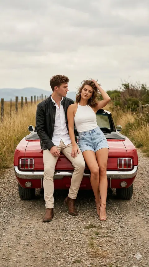 Retro red car and stylish lovers on country road