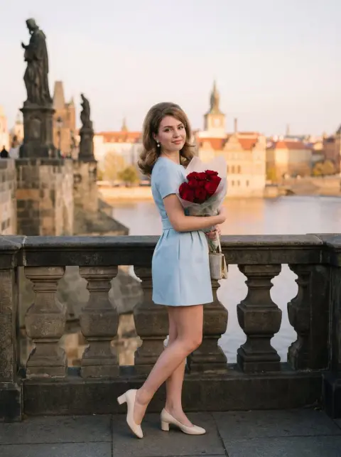 Retro rose girl on Prague bridge