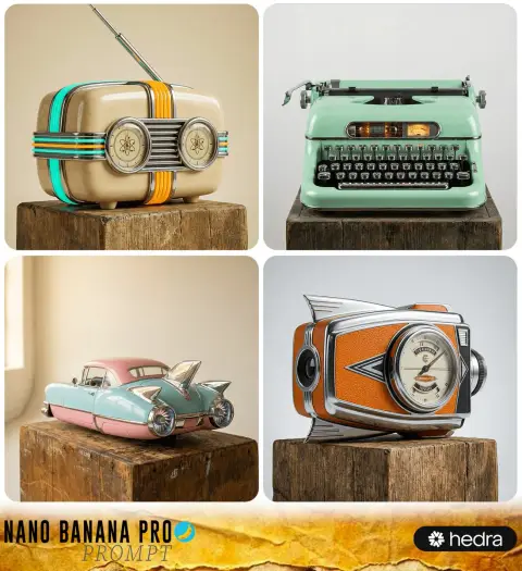 Retro space age hyper-realistic mechanical products