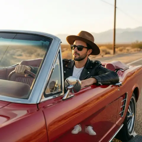 Retro sportsman on the desert road during the golden hour