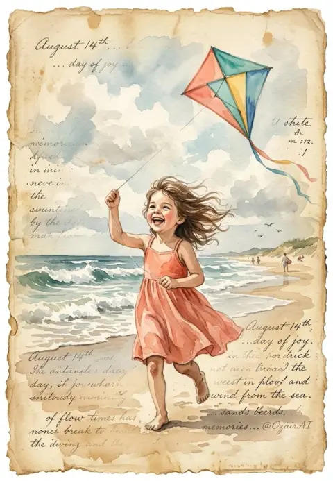 Retro watercolor painting of little girl flying a kite on the beach