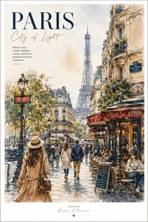 Retro watercolor Paris Kyoto city architecture hand drawn art poster