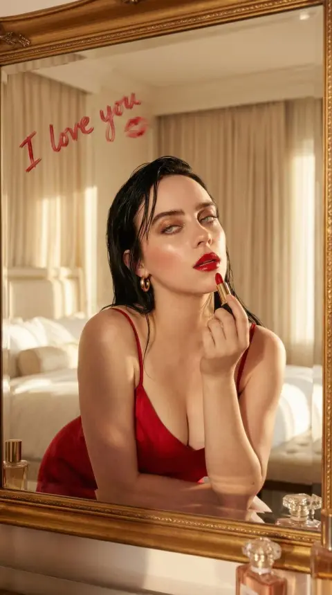 Romantic close-up of mirror love letter and red lips kiss