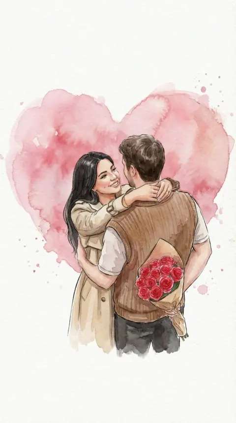 Romantic couple embracing illustration under watercolor love heart