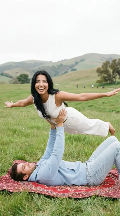 Romantic couple yoga airplane style capture on the sunny meadow