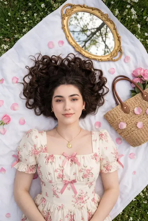 Romantic curly-haired girl in a dreamy garden overlooking the composition