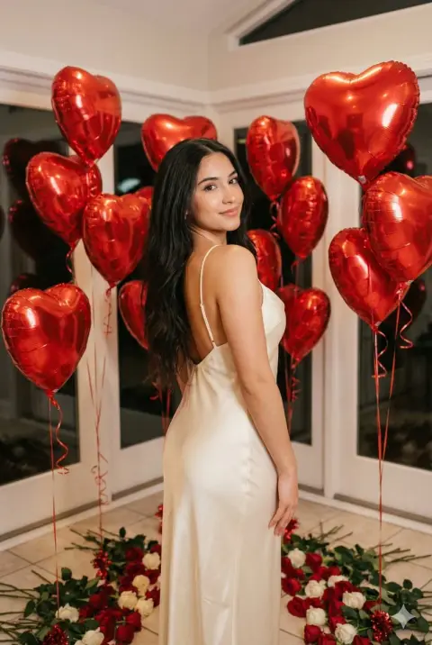 Romantic girl surrounded by roses and red heart balloons