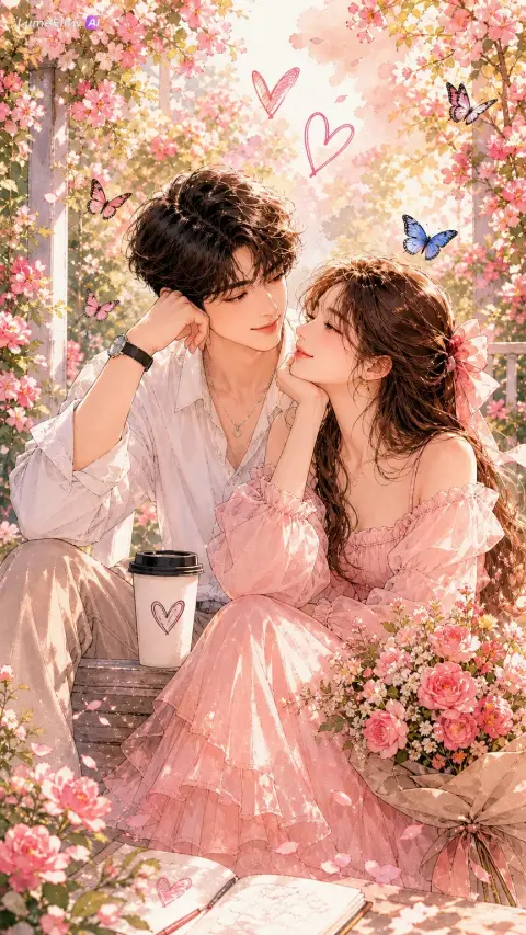 Romantic Korean couple in spring garden watercolor fashion illustration