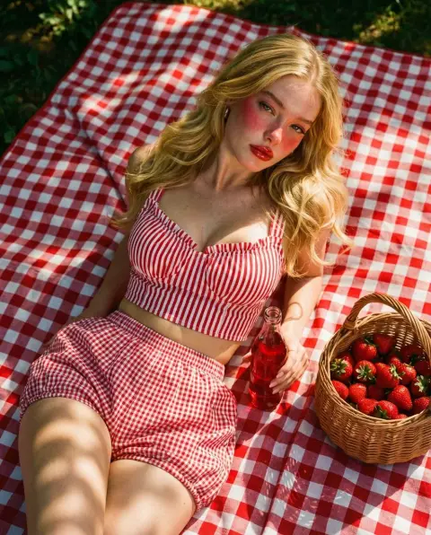 Romantic picnic girl with red and white plaid under the warm afternoon sun