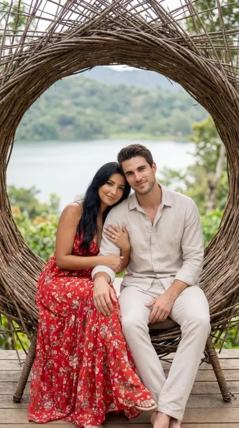 Romantic red dress in the love nest woven with branches and vines