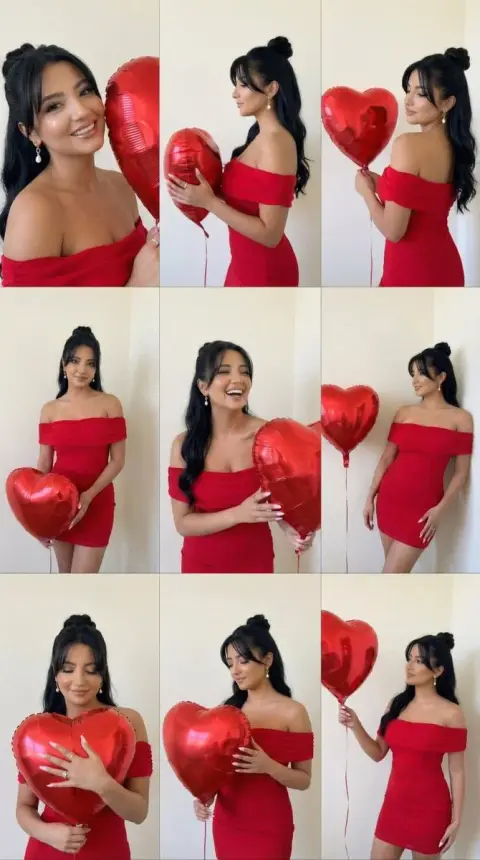 Romantic red dress and roses in a nine-square block