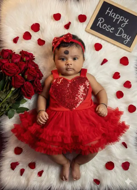 Romantic rose day red gauze dress baby girl photo