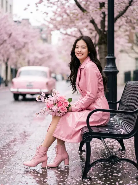 Romantic spring portrait under pink cherry blossom tree