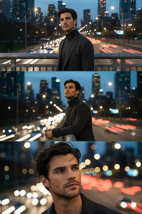 Romantic triptych in the urban night breeze