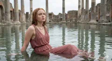 Rose gauze spreads over the ruins of the ancient Roman baths