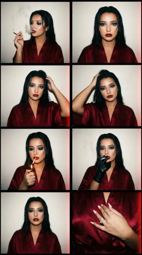 Rough film collage of red silk kimono in dark night