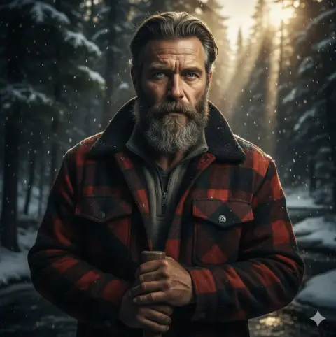 Rough lumberjacks in the warm snowy forest