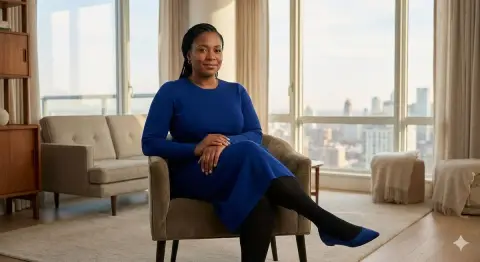 Royal blue elegant intellectual goddess in modern penthouse