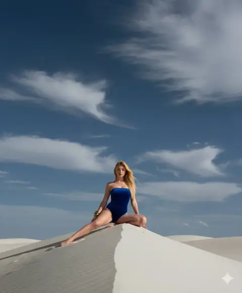 Royal blue velvet fashion blockbuster on dreamy white sand dunes
