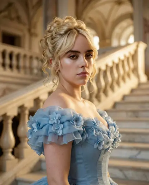 Royal portrait of Billie Eilish in dreamy pink and blue dress