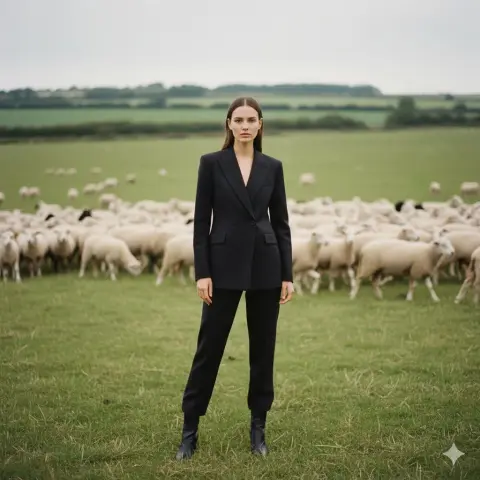 Rural shot of fashion model standing among sheep
