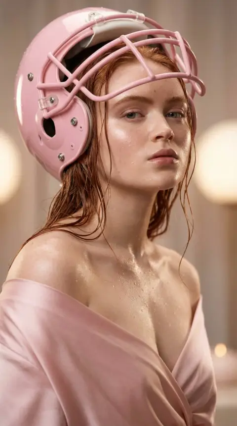 Sadie Sink pink helmet couture portrait