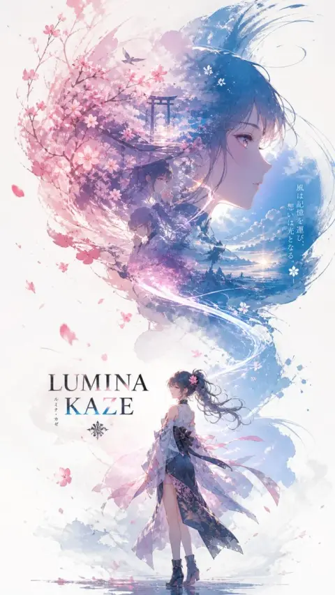 Sakura wind particles transform into anime girl silhouette