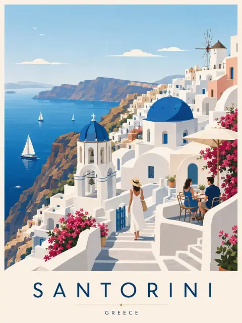 Santorini minimalist vector travel illustration poster