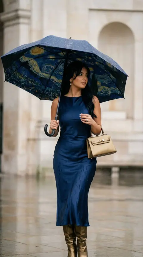Satin beauty under umbrella on starry night