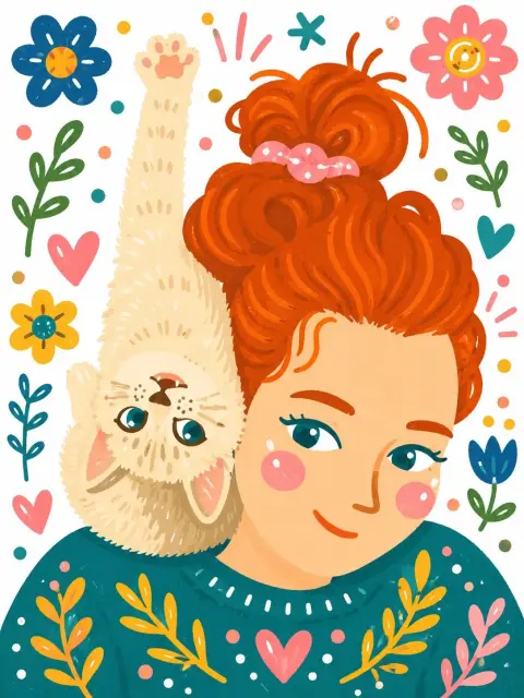 Scandinavian style red-haired girl and upside-down kitten picture book illustration