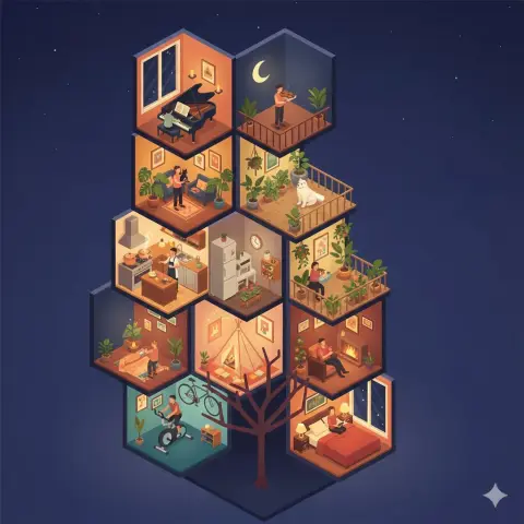 Sectional section of vertical honeycomb apartment glowing under the stars