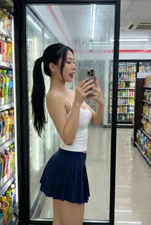 Seductive selfie in front of convenience store freezer