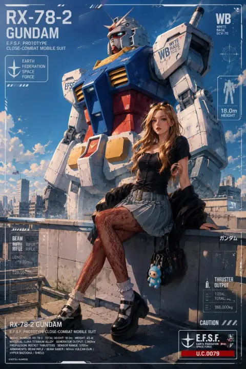 Semi-realistic anime style urban rooftop Gundam Girls