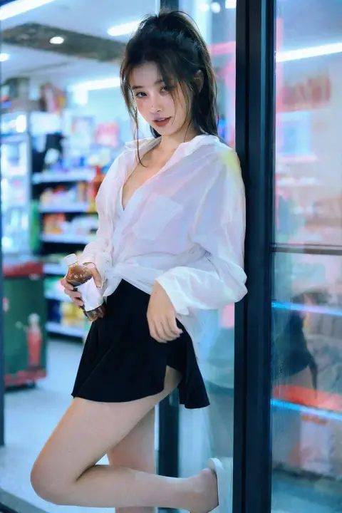 Sexy neon girl in a convenience store late at night