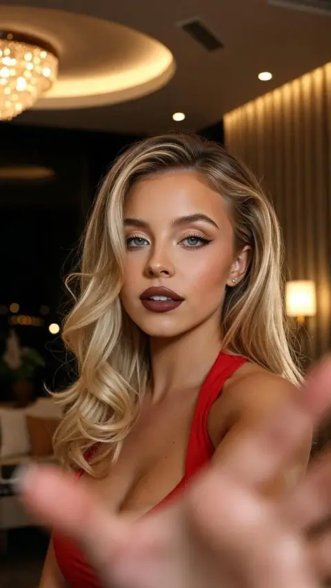 Sexy socialite with blonde hair and red dress under luxurious night scene