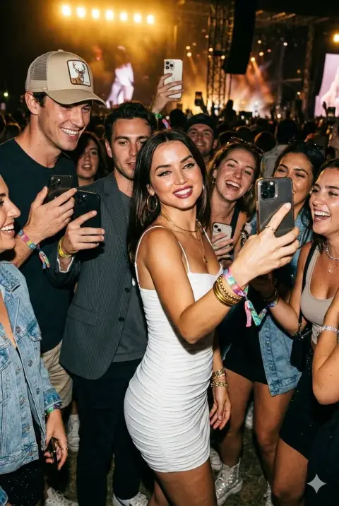 Sexy white dress selfie among crowd at music festival
