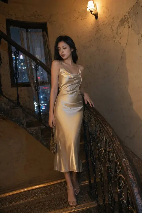 Shanghai Shikumen Antique Staircase Girl Portrait in Champagne Silk Dress