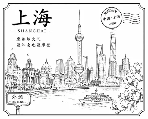 Shanghai style outlined in black and white line drawings